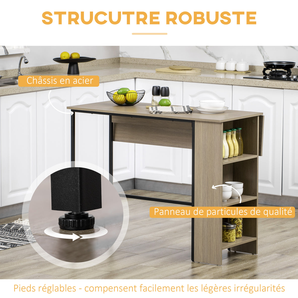 Ilot centra table de bar plateau latéral  rabattable et 3 étagères 120 x 76 x 91,4 cm gris clair-5