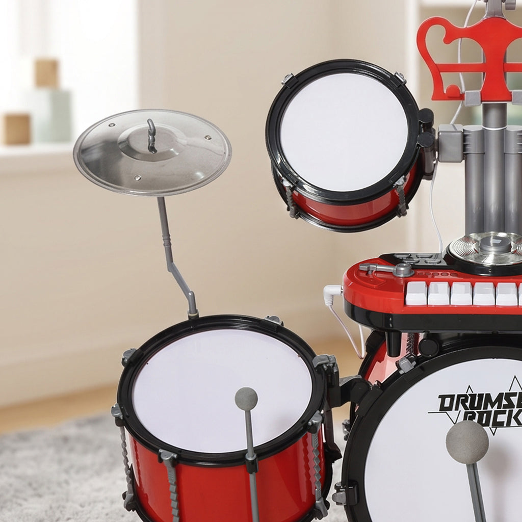 Kit de Batterie pour Enfants avec Tabouret, Clavier Électronique, Microphone, Connecté via USB, 77,5x40x76,5cm, Rouge-8