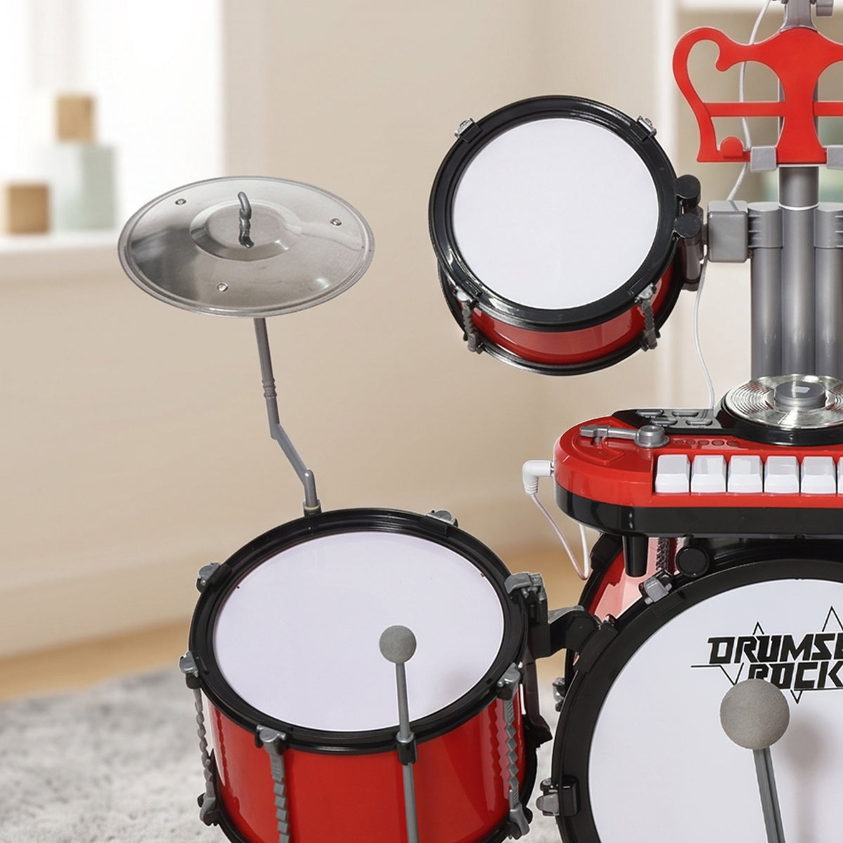 Kit de Batterie pour Enfants avec Tabouret, Clavier Électronique, Microphone, Connecté via USB, 77,5x40x76,5cm, Rouge-8