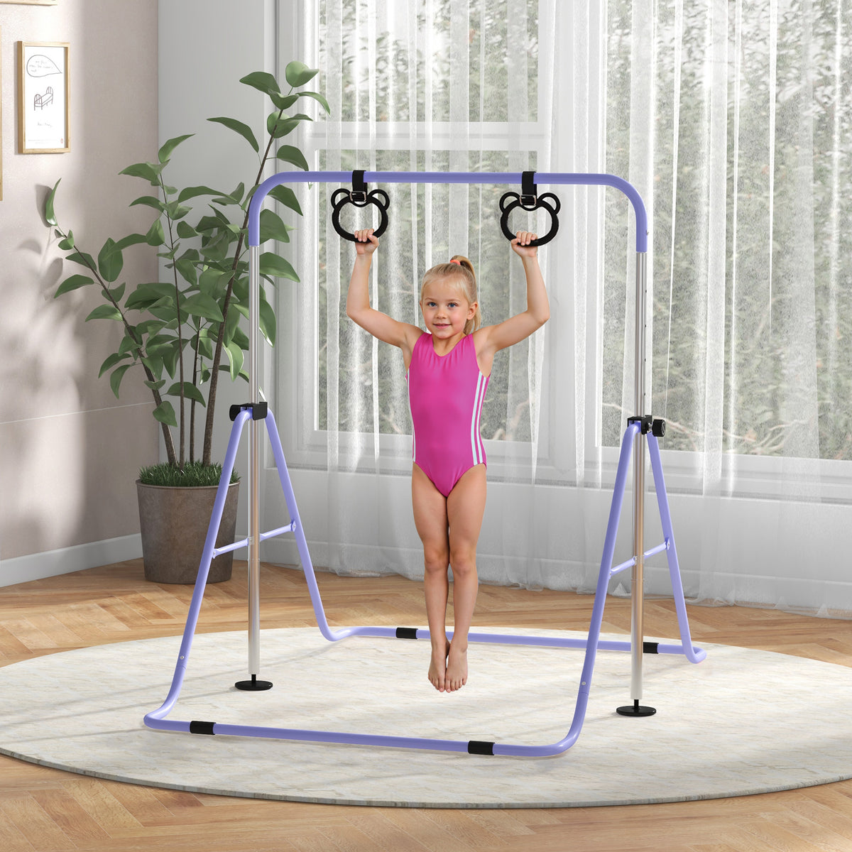 Barre de gymnastique pour enfants, barre horizontale pliable à hauteur réglable avec anneaux de gymnastique, violet-1