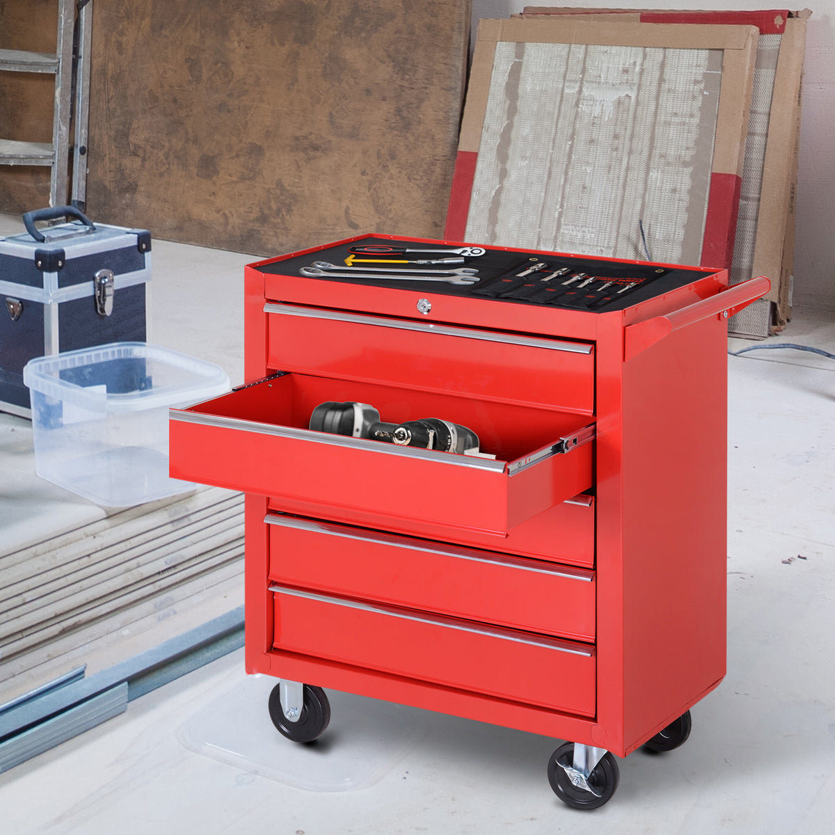 Chariot à outils sur roulettes pour atelier avec 5 tiroirs verrouillable 2 clés acier 69 x 33 x 75 cm rouge-1