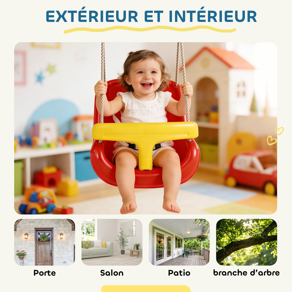 Balançoire pour enfants, balançoire bébé extérieure, dossier haut, barre de sécurité, hauteur ajustable, rouge et jaune-5