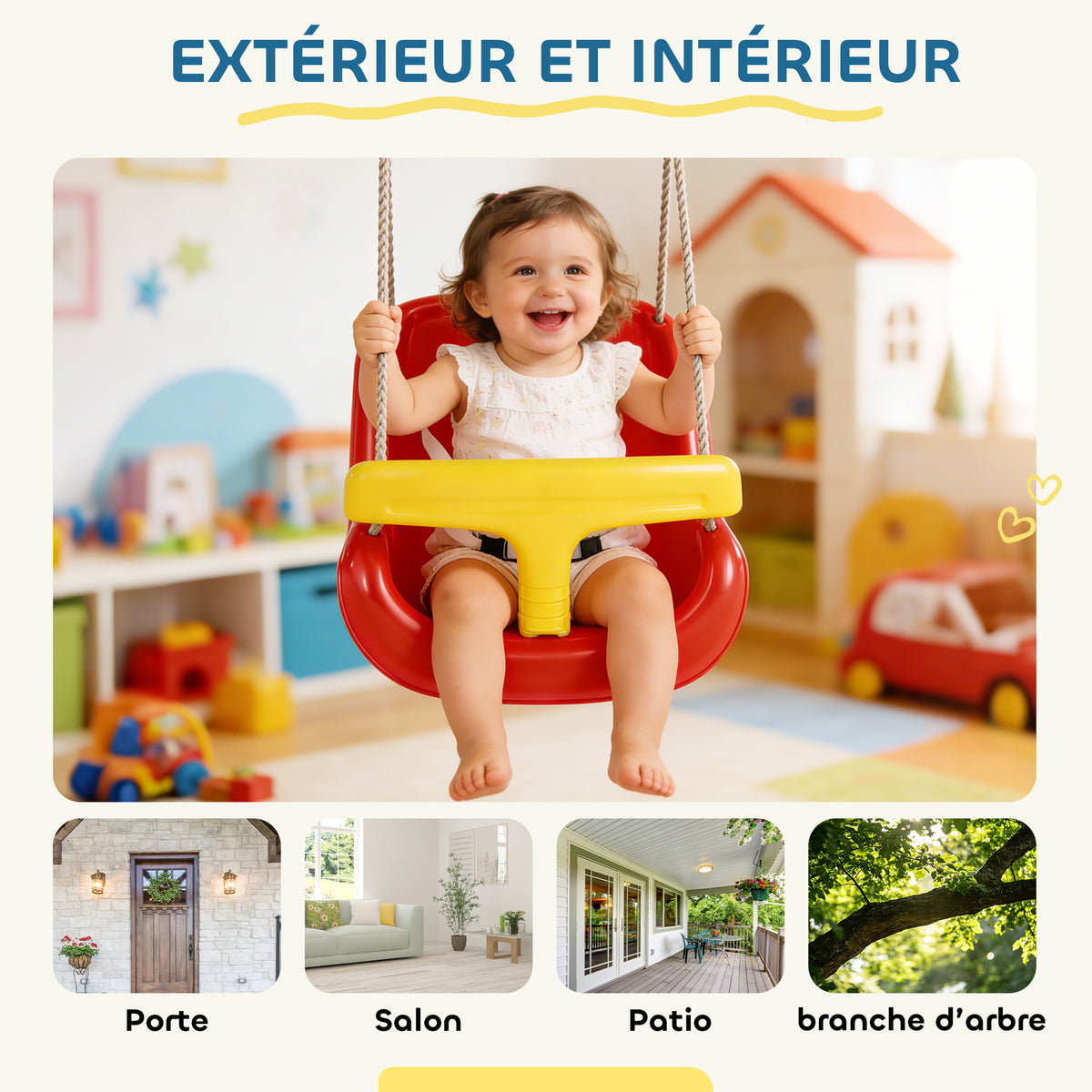 Balançoire pour enfants, balançoire bébé extérieure, dossier haut, barre de sécurité, hauteur ajustable, rouge et jaune-5