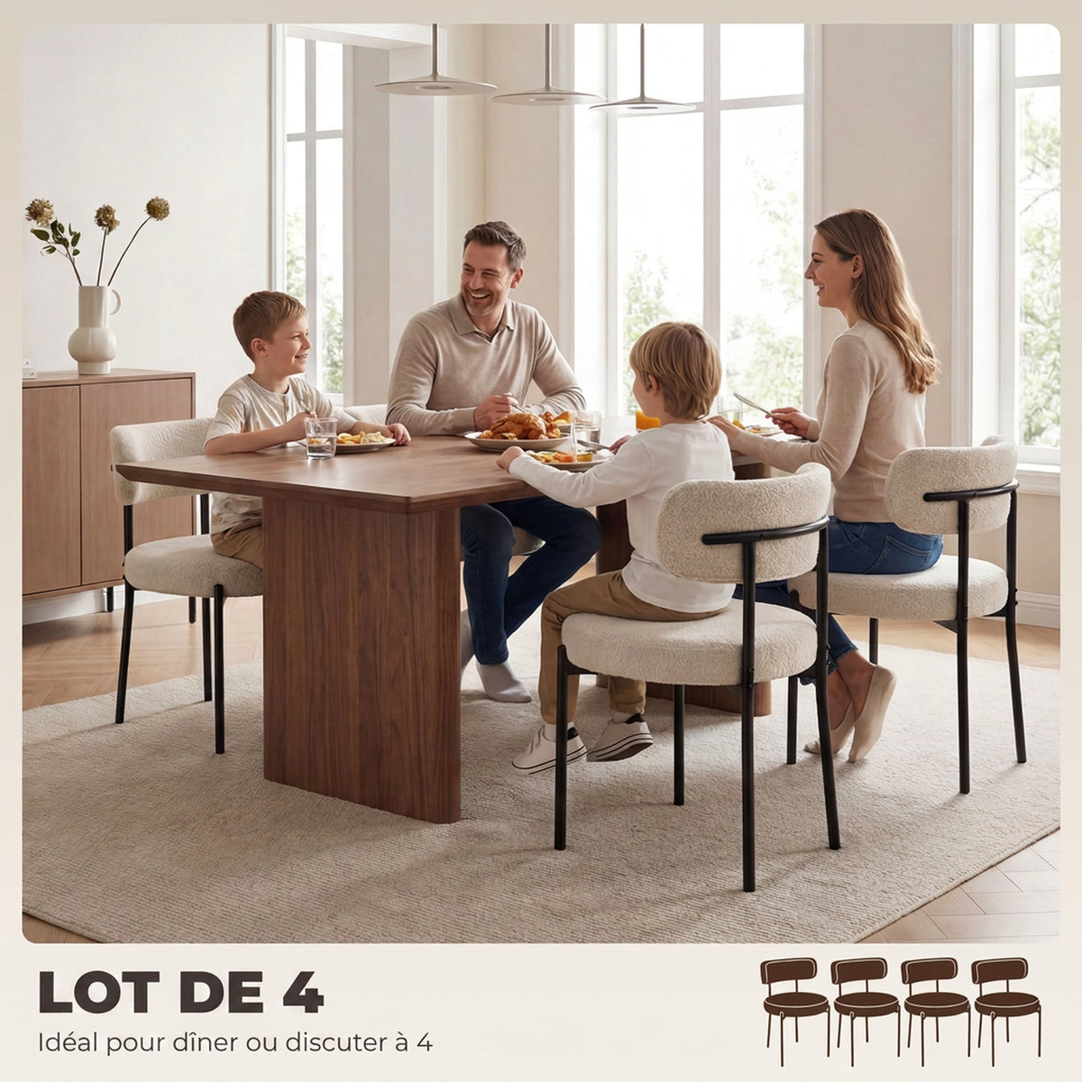 Lot de 4 Chaises Salle à Manger Chaises de Cuisine Rembourrées en Tissu Bouclette Dossier Incurvé Pieds en Acier Beige-3