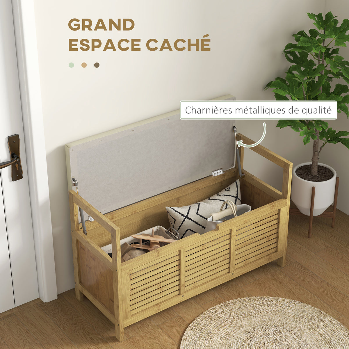 Banc de rangement avec compartiment caché sous assise pour entrée coussin et accoudoir 100 x 40 x 60 cm naturel-3
