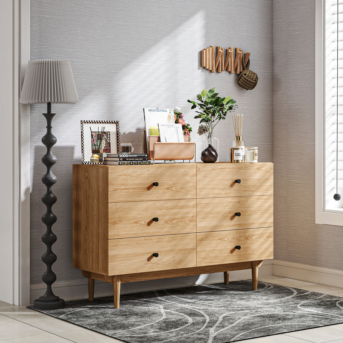 Commode 6 tiroirs meuble de rangement pieds en bois massif 120 x 40 x 80 cm marron clair-8