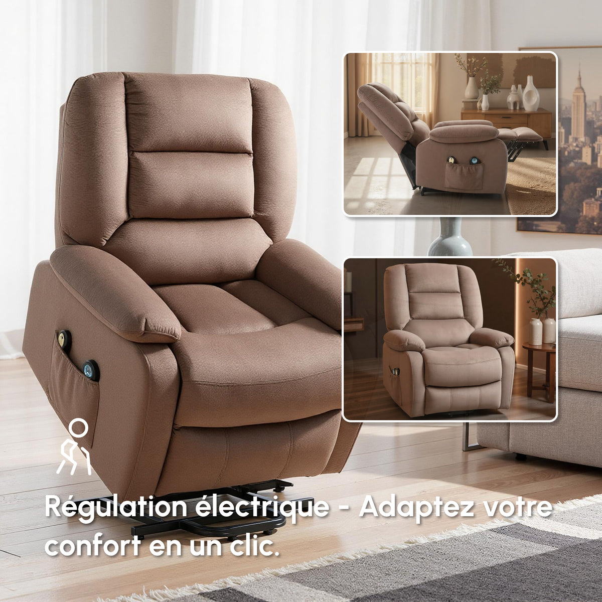 Fauteuil releveur électrique fauteuil relaxant dossier inclinable avec repose-pied télécommandes 90 x 93 x 110 cm marron-9