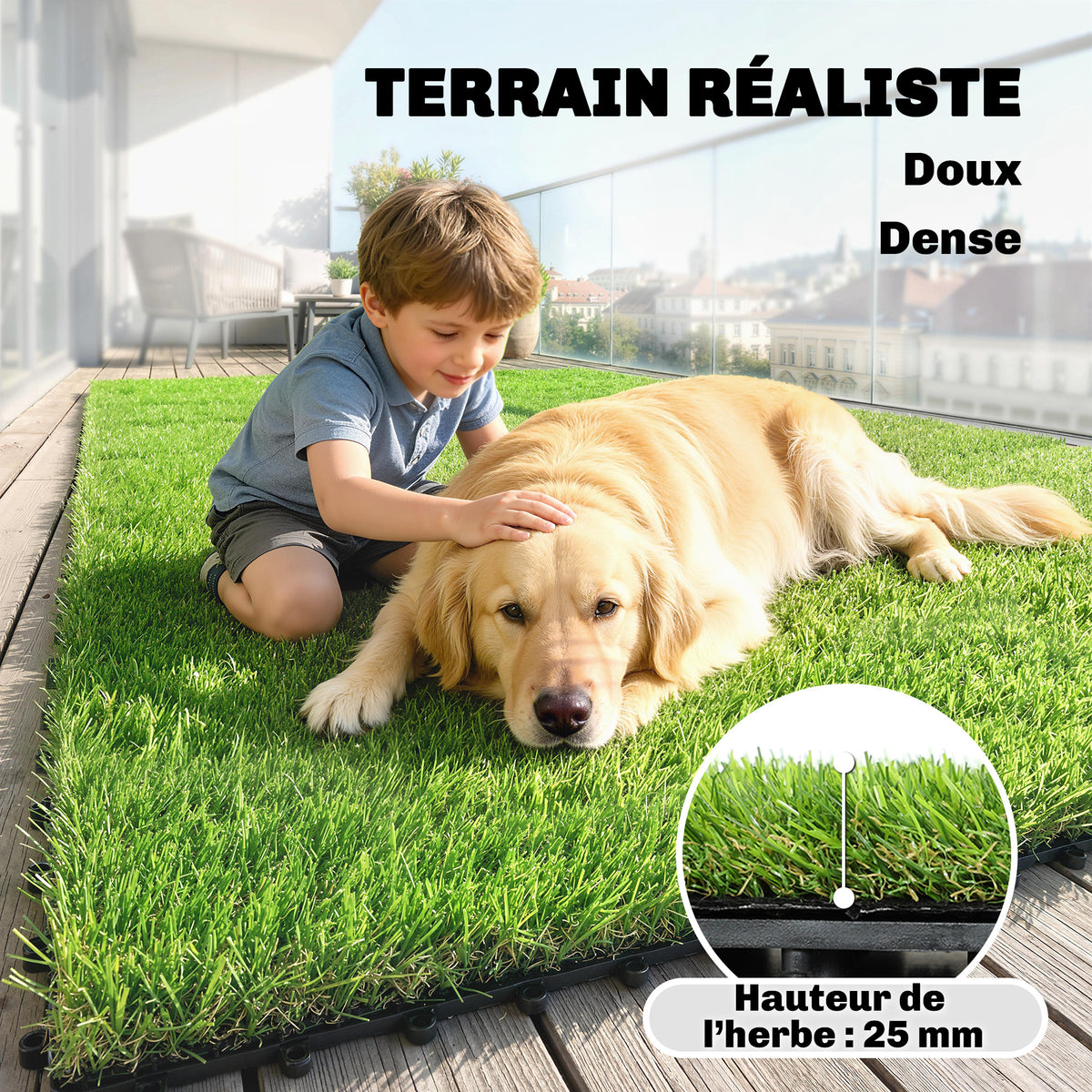 Gazon Synthétique 22 Pièces Dalle Gazon Clipsable DIY 25mm Haute Densité Auto-drainant pour Balcon Jardin-3