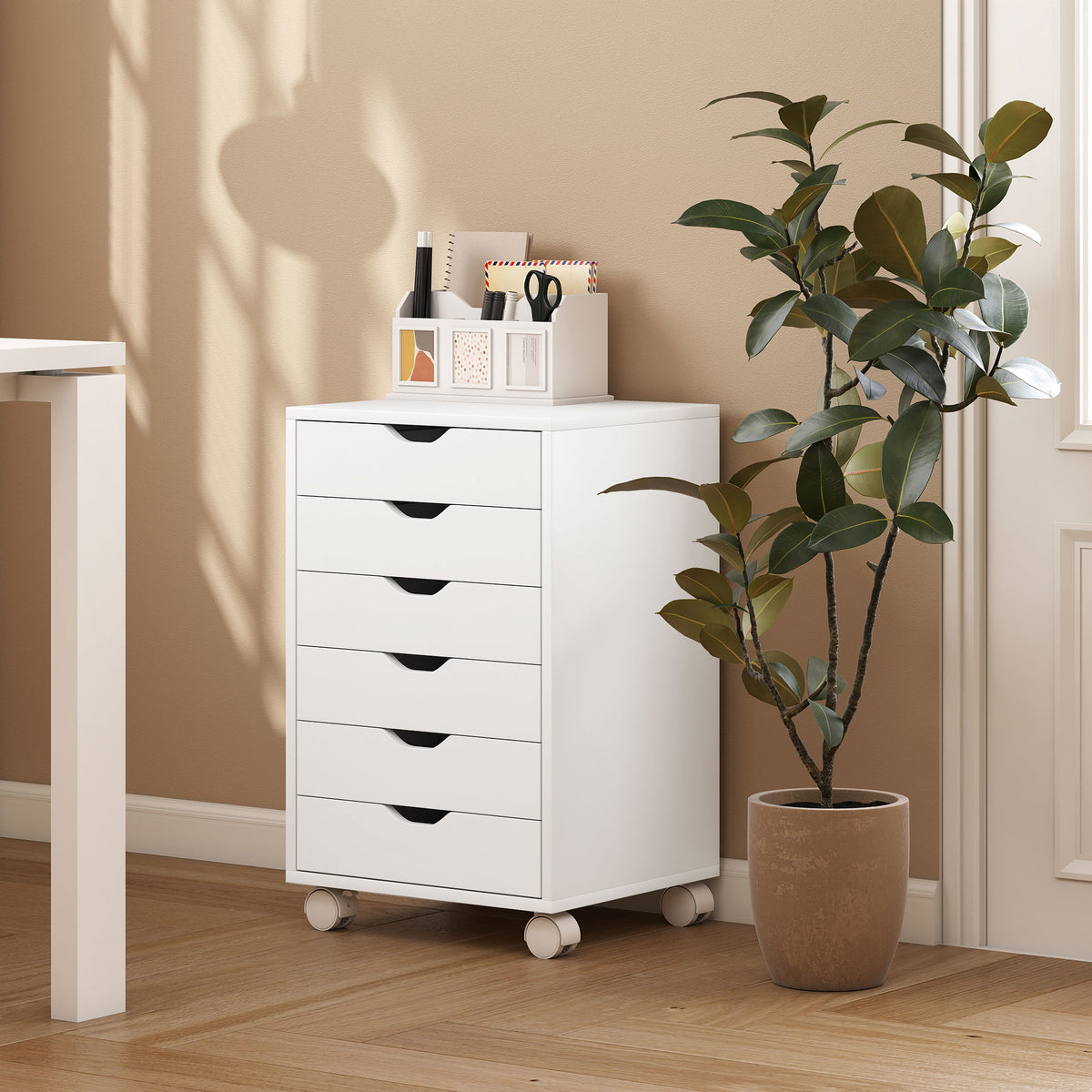 Caisson de Bureau Mobile 6 Tiroirs Silencieux, Support d'Imprimante, Poignées Encastrées, 40 x 35 x 63 cm, blanc-7