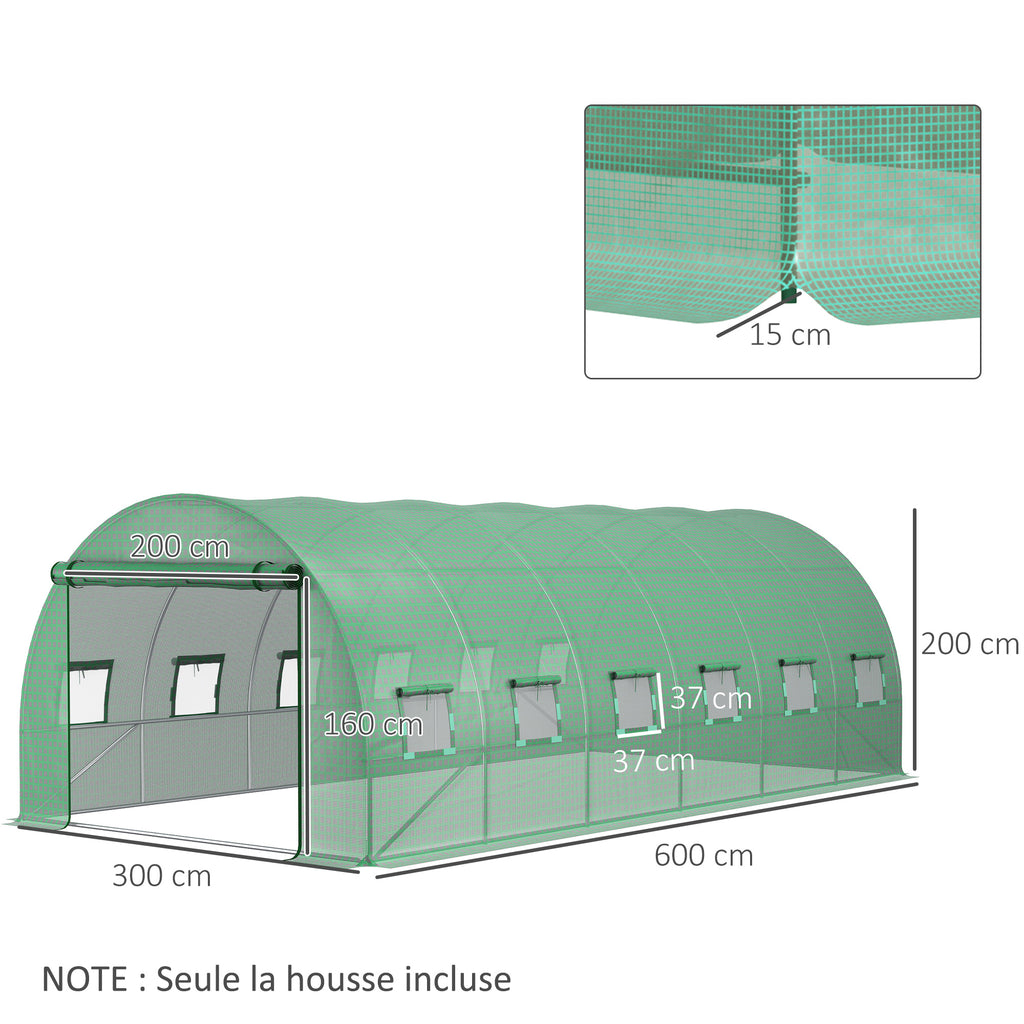 Bâche de Rechange Serre Tunnel 18 m², bâche 6 x 3 x 2 m PE Anti-UV imperméable 12 fenêtres + Porte Enroulable zippée vert-2
