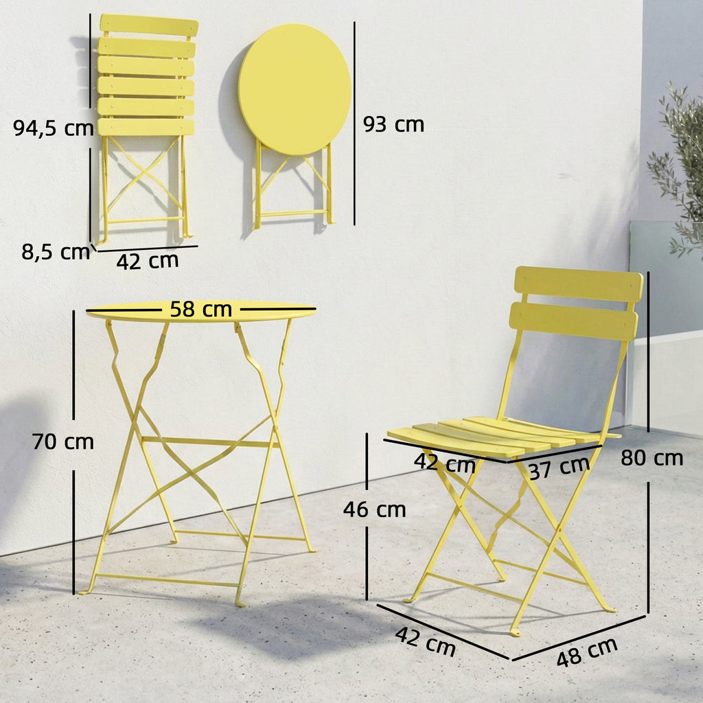 Ensemble Bistrot de Jardin 3 Pièces Table et 2 Chaises Pliantes à Lattes Double Protection Antirouille Jaune-2