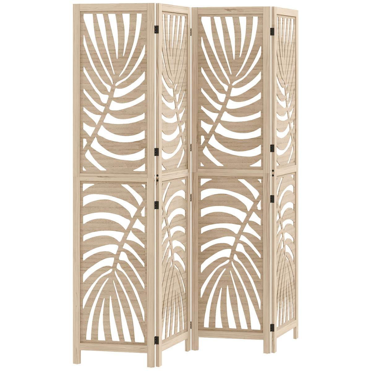 Paravent interieur en bois 4 panneaux 160 x 170 cm, pliable et portable, motif de feuille, design amovible, bois naturel-0