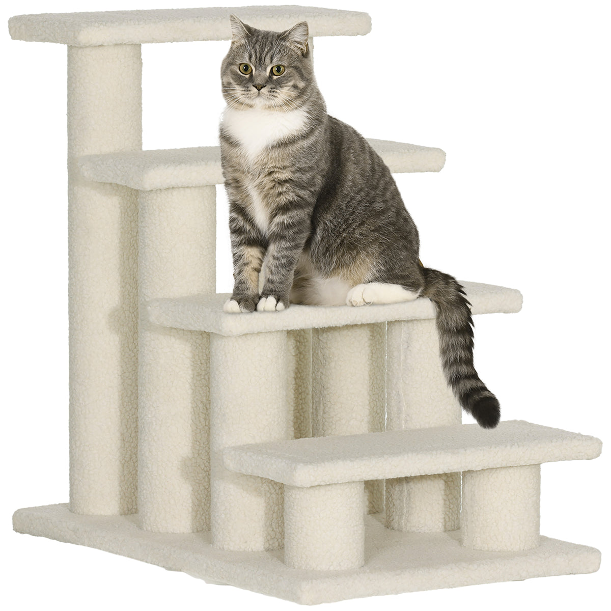 Escalier pour animaux de compagnie avec 4 marches revêtement effet laine bouclée 61 x 41 x 60 cm crème-0
