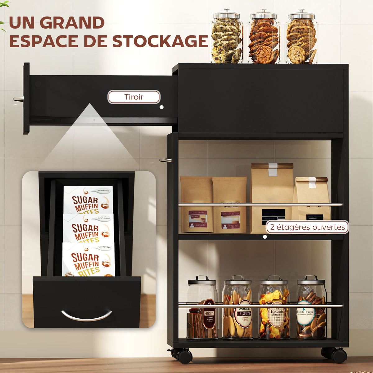 Chariot de cuisine desserte sur roulettes avec 1 tiroir et 2 étagères ouvertes pour salle à manger 25 x 50 x 85 cm Noir-3