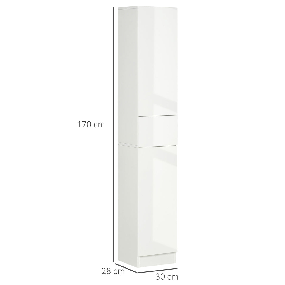 Meuble colonne rangement salle de bain style contemporain 2 placards 3 étagères et 1 tiroir coulissant panneaux particules brillant dim. 30l x 28P x 170H cm blanc laqué-2