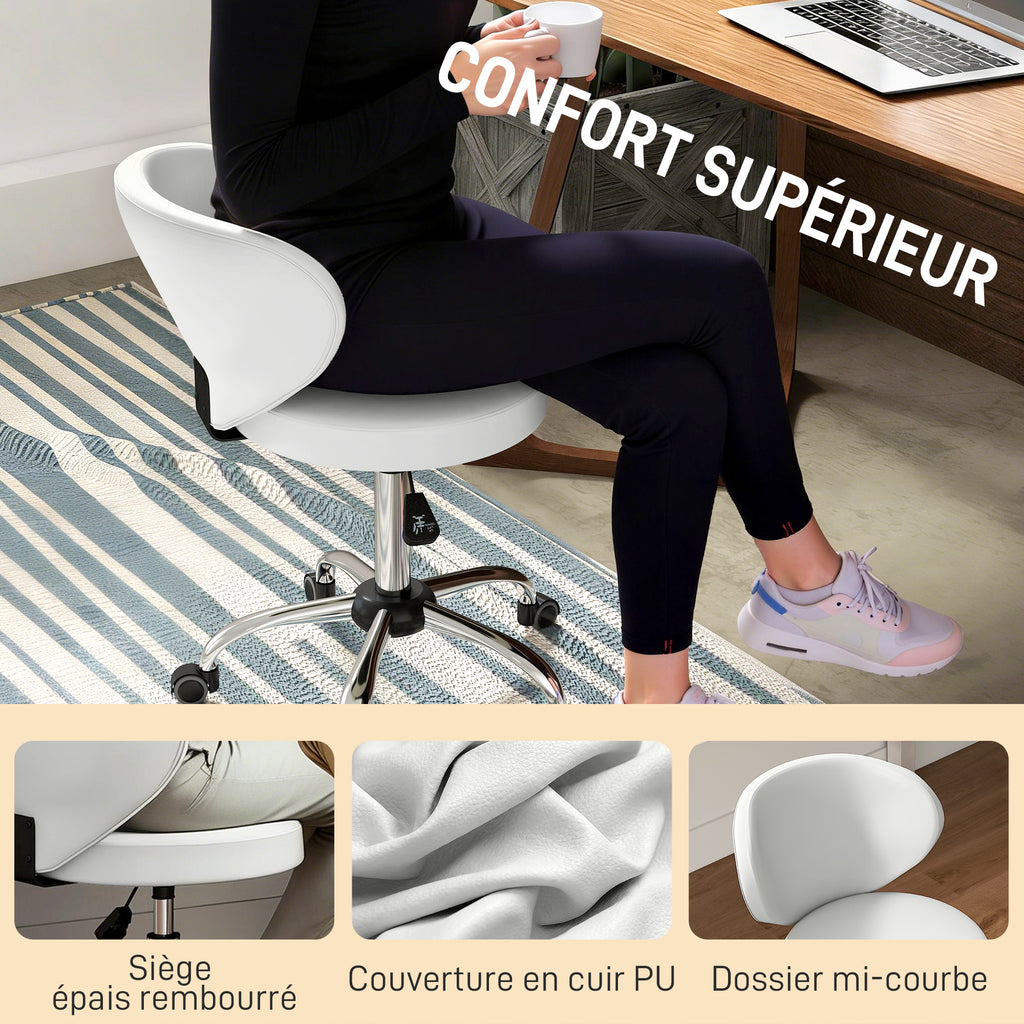 Tabouret à roulettes, tabouret de massage en PU avec hauteur réglable 73-88 cm et dossier, pivotant 360°, blanc-4