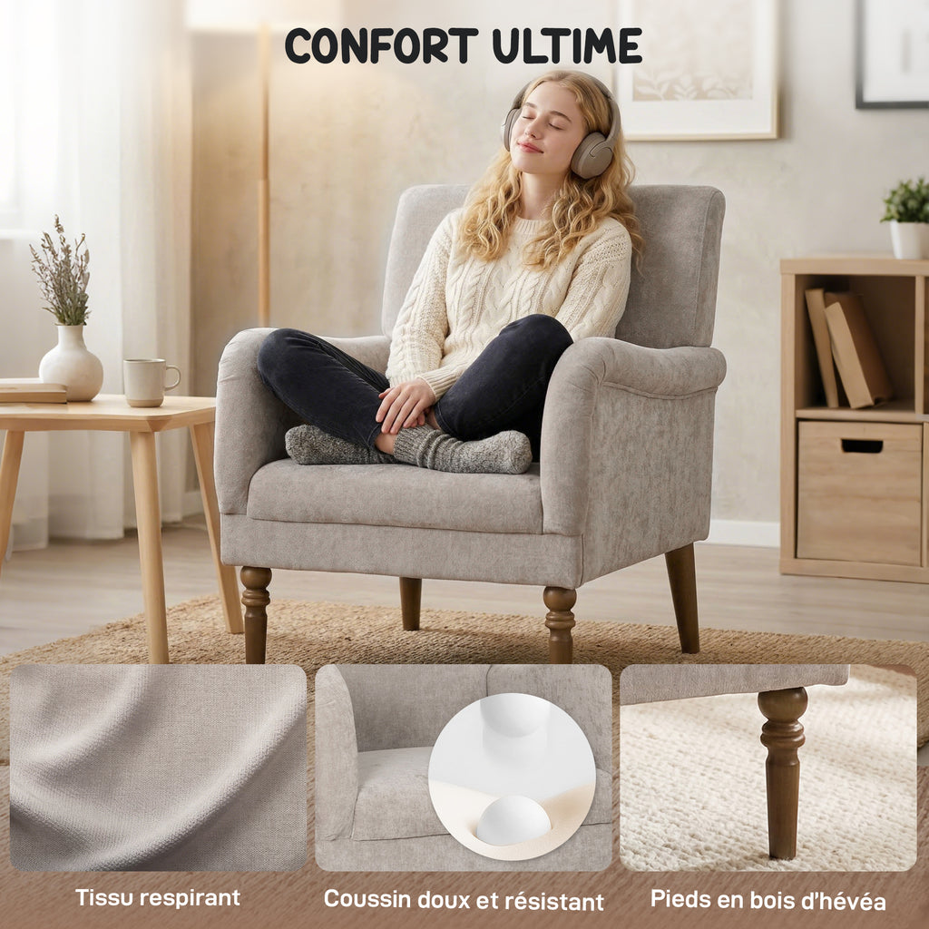 Fauteuil de salon, canapé 1 place avec dossier haut, accoudoirs, assise large, pieds en bois d'hévéa, tissu en lin, gris-3