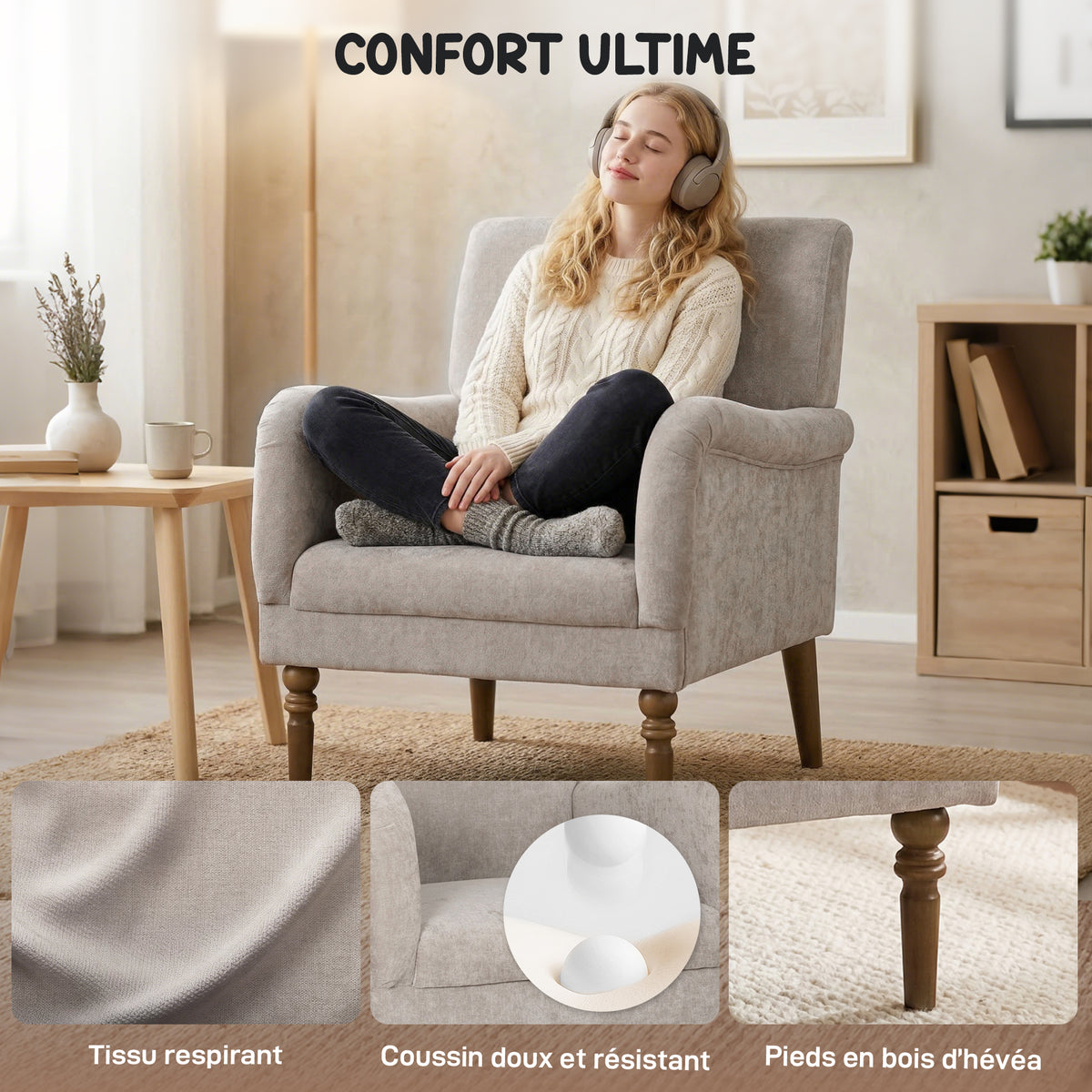 Fauteuil de salon, canapé 1 place avec dossier haut, accoudoirs, assise large, pieds en bois d'hévéa, tissu en lin, gris-3