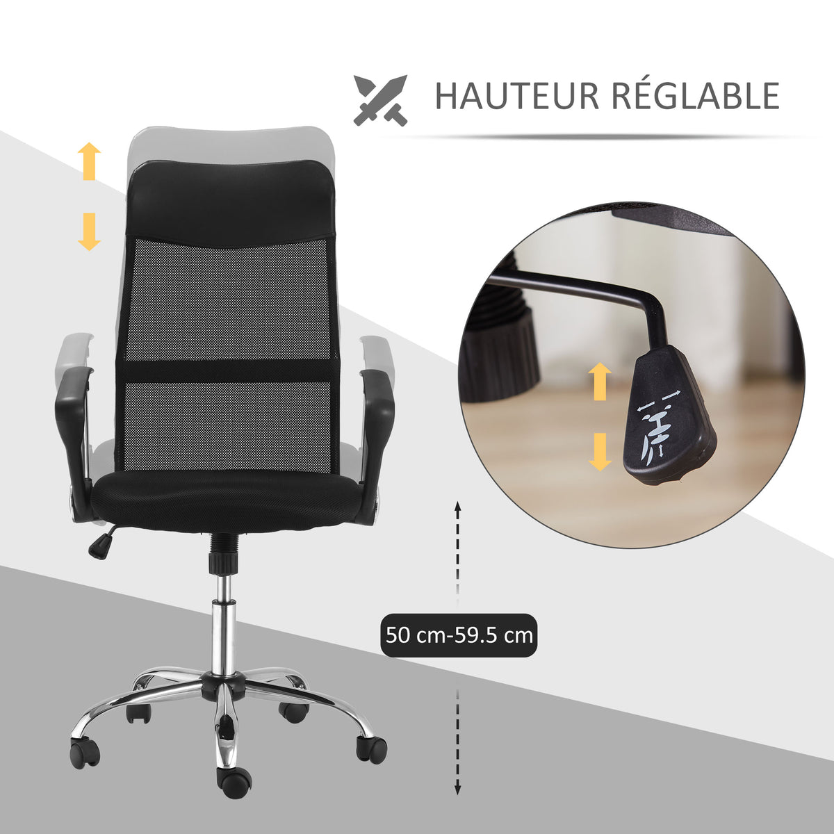 Fauteuil de bureau manager grand confort dossier ergonomique hauteur assise réglable pivotant tissu maille noir-3