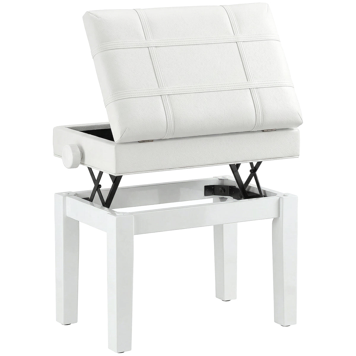 Banquette tabouret siège pour piano coffre intégré hauteur réglable bois hévéa assise revêtement synthétique blanc-0