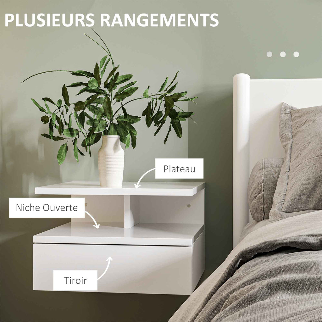 Lot de 2 tables de chevet murales tables de nuit tiroir coulissant, niche, plateau, 35 x 32 x 22,5 cm blanc-4