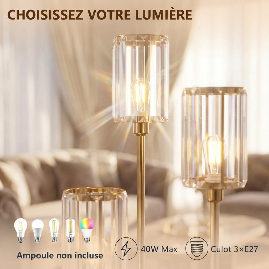 Lampadaire Étagère Verre 3 Lumières Lampe sur Pied Abat-jour Verre Doré-6