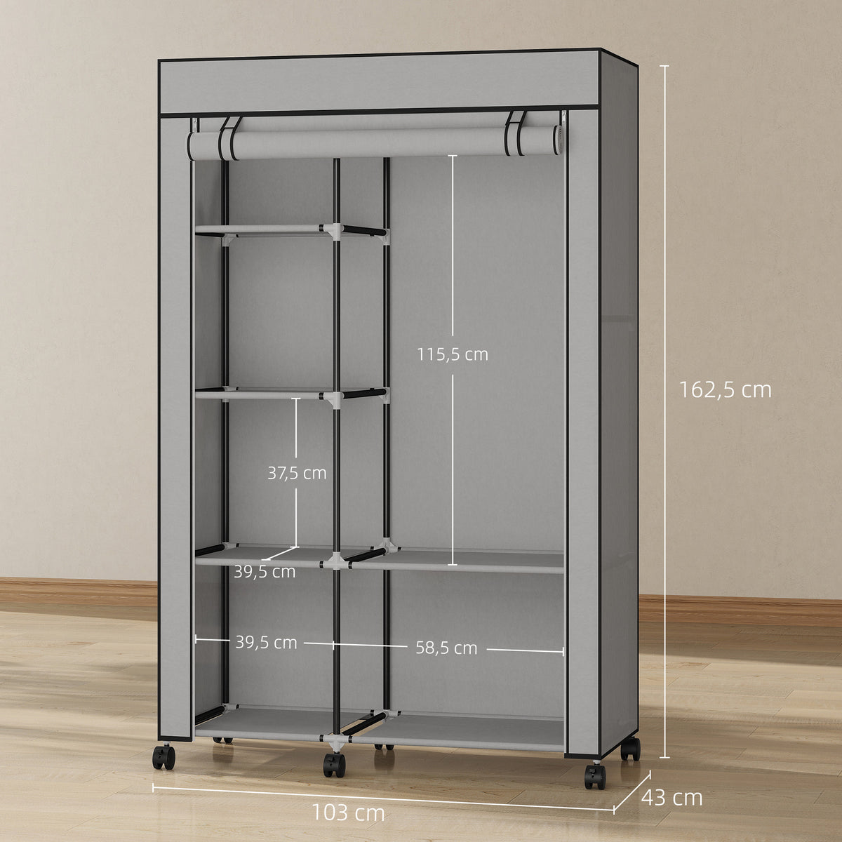 Armoire penderie en tissu meuble de rangement 6 roulettes tringle à vêtements et étagères ouvertes 103x43x162,5cm gris-2