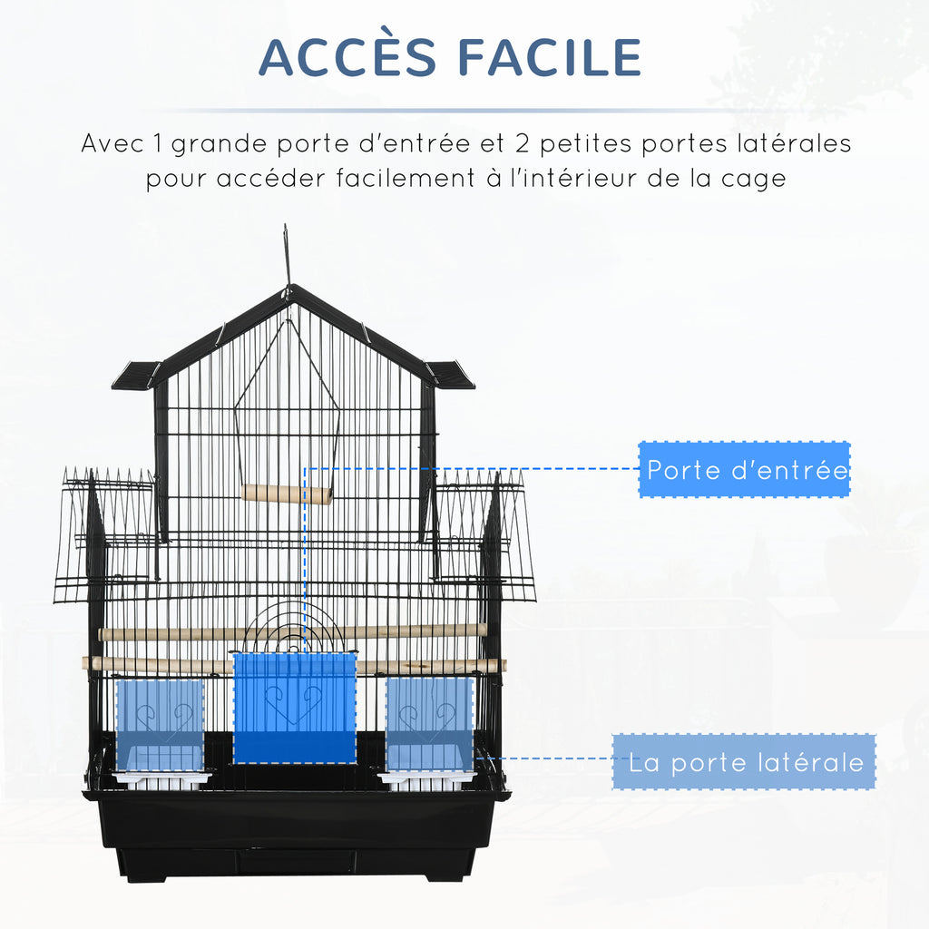 Cage à oiseaux design maison mangeoires perchoirs 3 portes plateau excrément amovible + poignée transport 50,5 x 41 x 63 cm noir-5