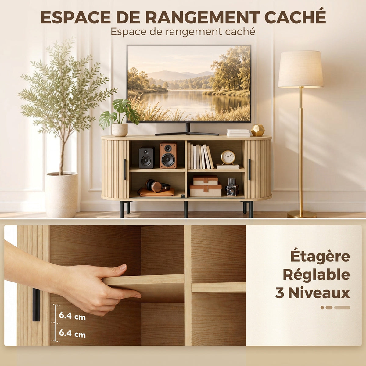 Meuble TV 106 cm, Meuble Télé pour 50 Pouces, 2 Portes Coulissantes à Tambour 4 Compartiments Étagères Réglables, Chêne-4