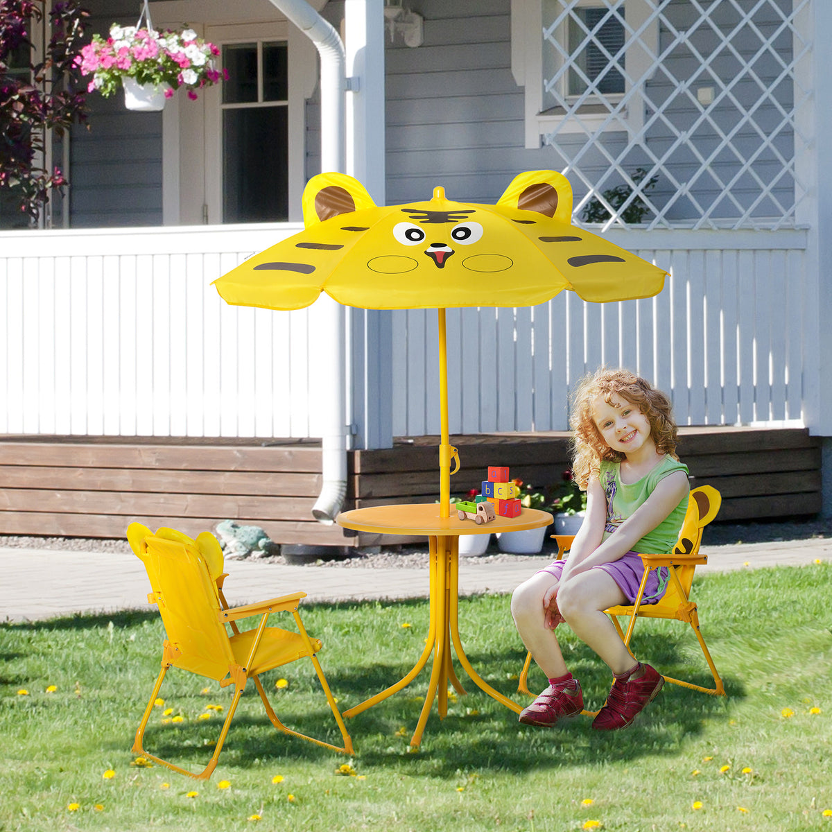 Ensemble Salon de Jardin Enfant 4 pcs Design Tigre - Table Ronde + 2 chaises Pliables + Parasol - métal époxy Oxford Jaune-1
