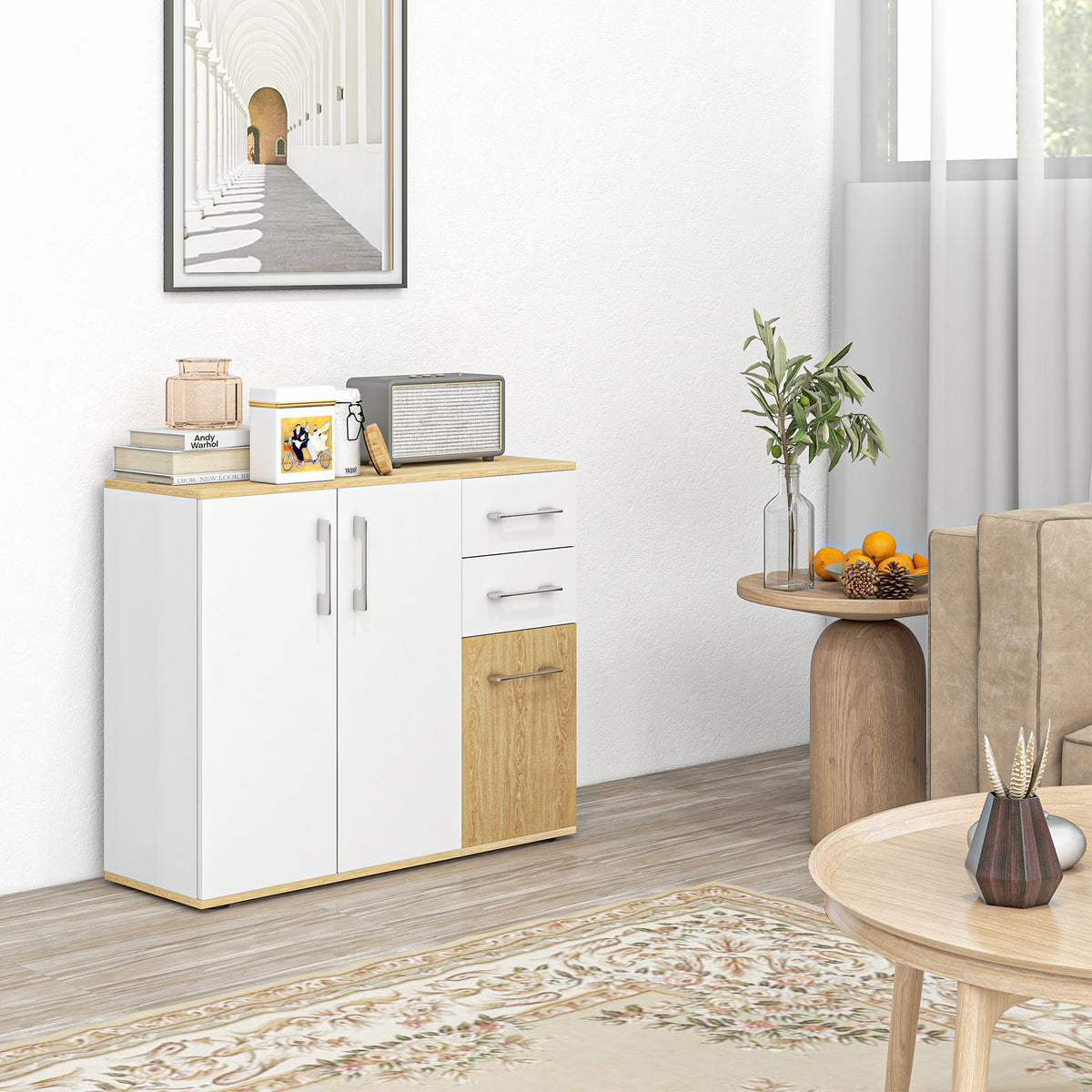 Buffet, meuble de rangement avec 3 portes, 2 tiroirs et étagère réglable, 90 x 30 x 75,5 cm, blanc et bois naturel-1