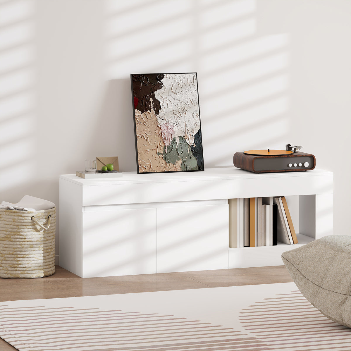 Meuble TV 2 portes pour téléviseurs jusqu'à 60 pouces, meuble télé avec placard et étagère ouverte, blanc-8