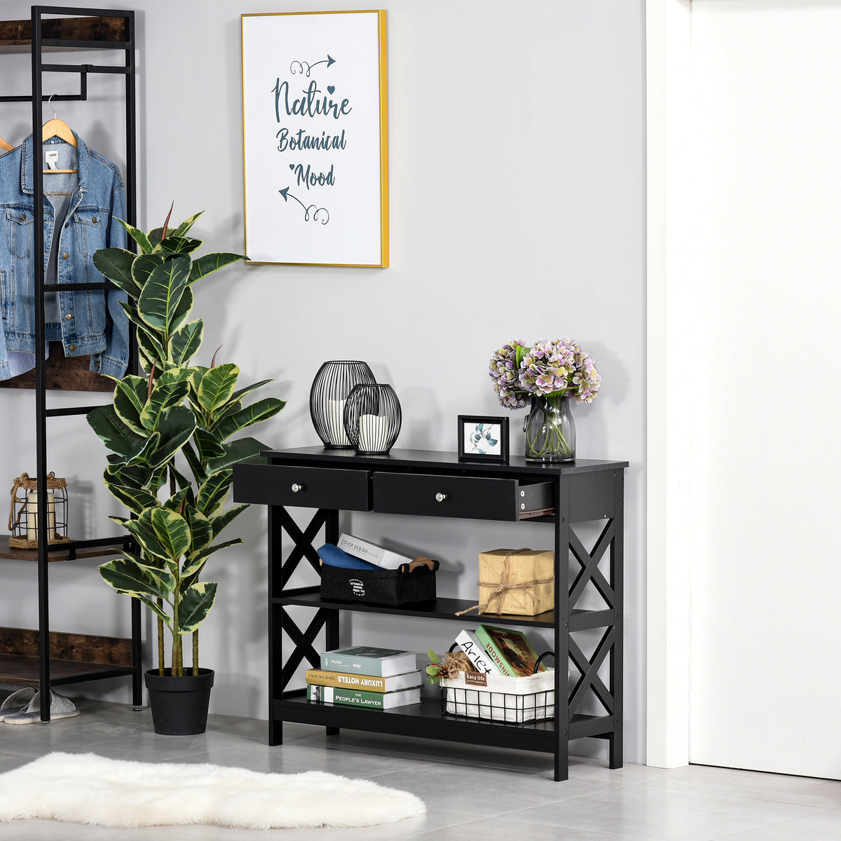 Table de console table d'entrée style table de drapier néo-rétro 2 tiroirs 2 étagères dim. 100L x 30,5l x 80H cm en bois noir-9