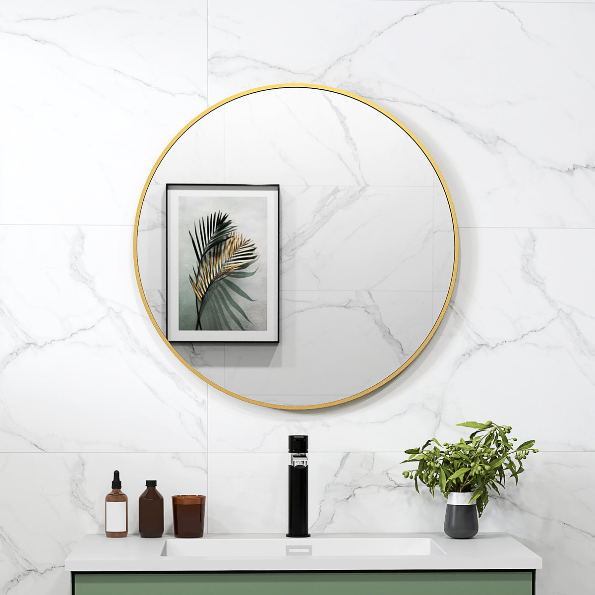 Miroir rond miroir salle de bain cadre en métal facile à installer, pour chambre, salon, entrée, Ø 70 x 2,5 cm or-1