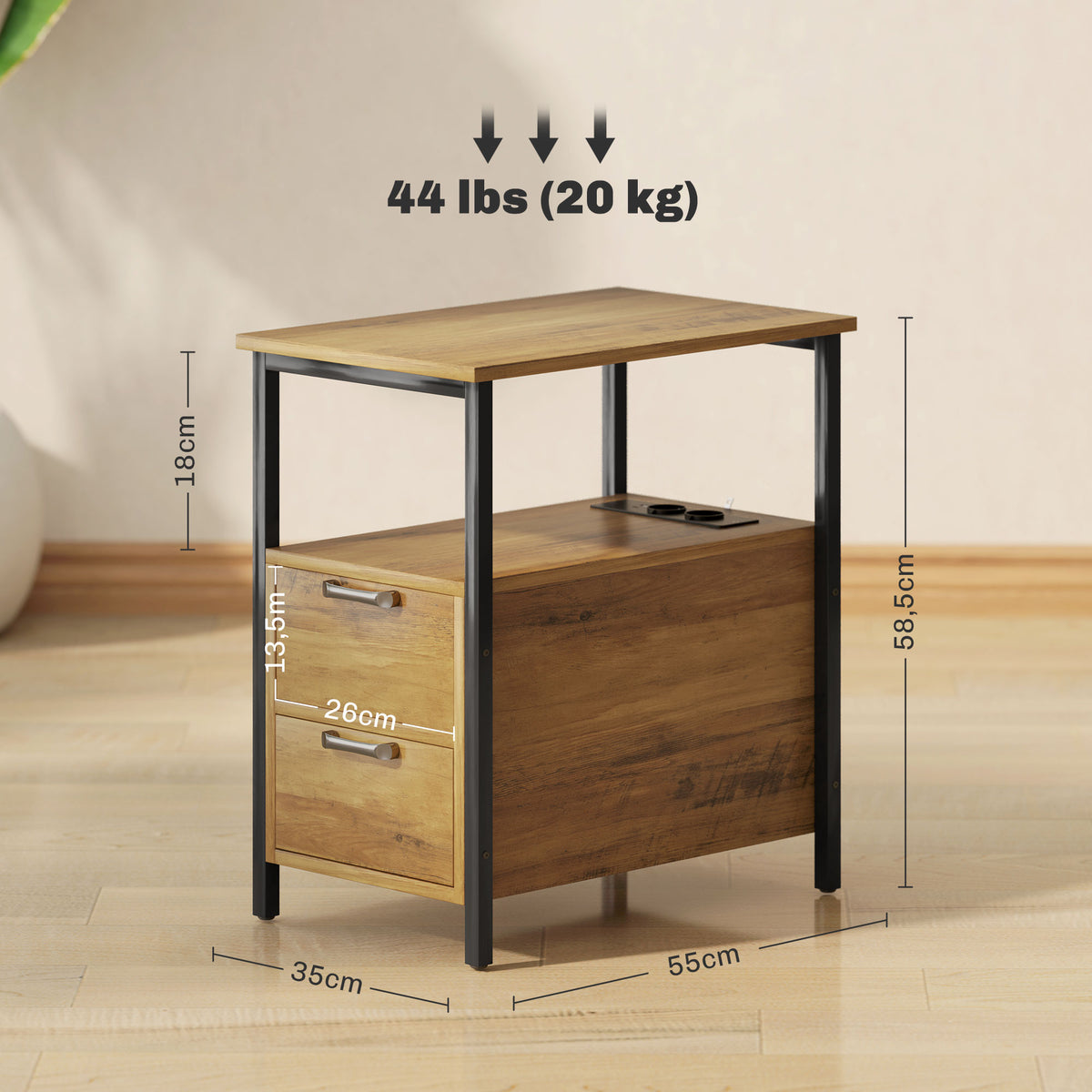 Table d'appoint table de chevet avec 2 prises port USB 1 prise type C câble de 143 cm tiroirs et étagère bois naturel-2