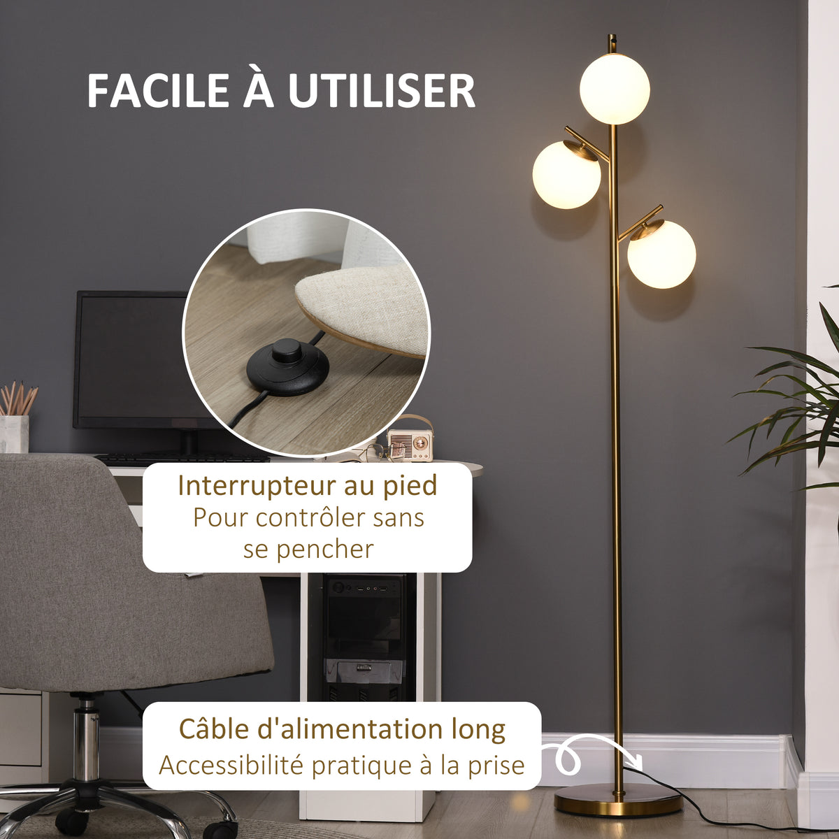 Lampadaire sur pied salon en métal avec 3 abat-jours globe blanc verre dépoli 40W Ø 27 x 169H cm doré-4