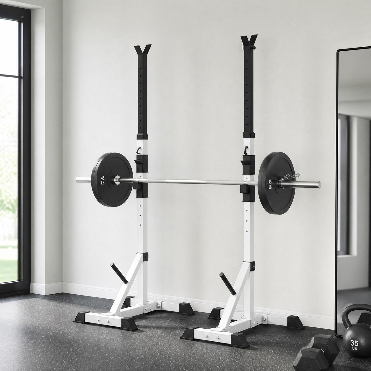 Squat Rack Réglable en Acier, Charge 200 kg, Support pour 3 Barres d'Haltères avec Crochets, 58,5x75,5x136-176cm, Argent-8