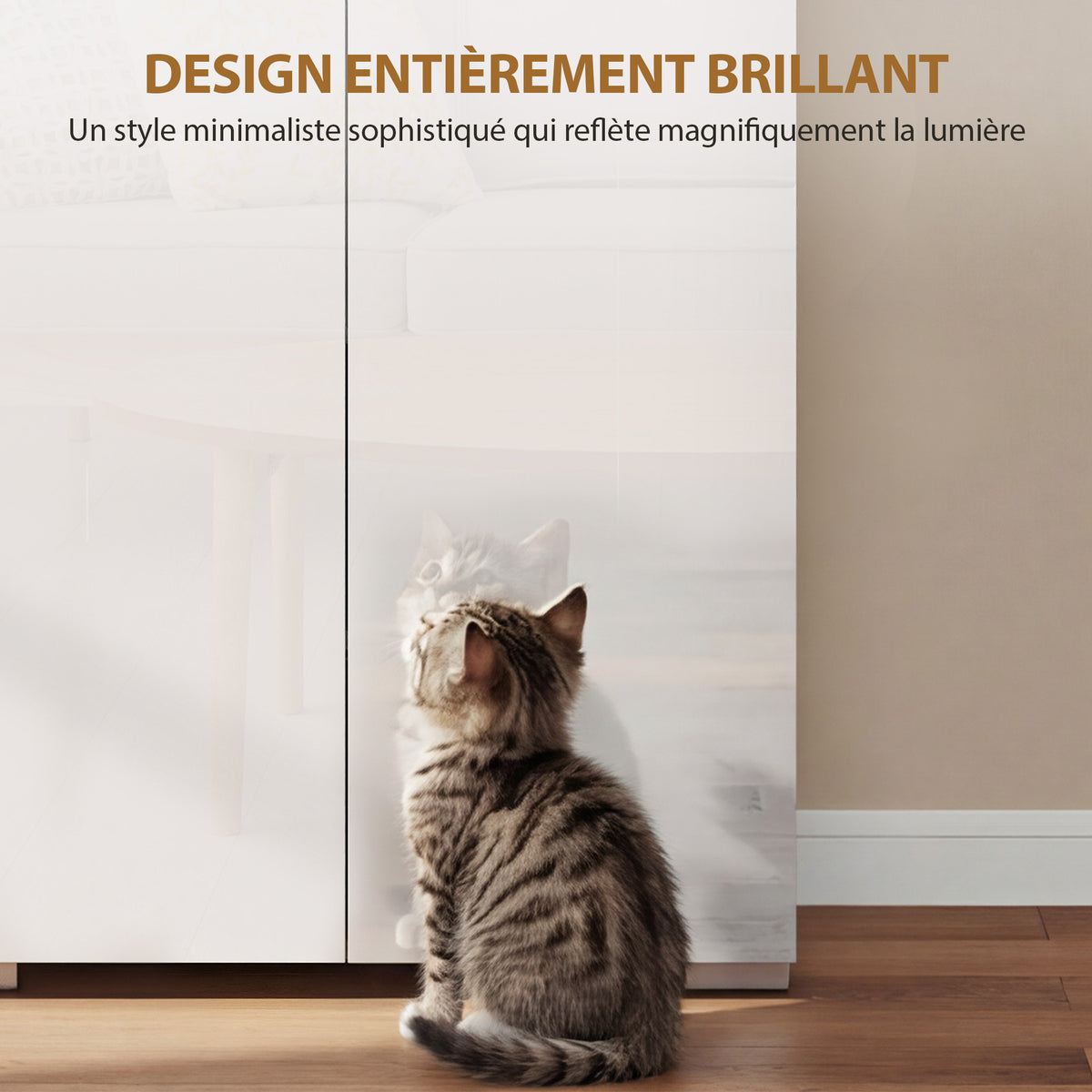 Buffet haut cuisine, armoire de cuisine, 4 portes à fermeture douce et étagères réglables, 68x34x180cm, blanc brillant-3