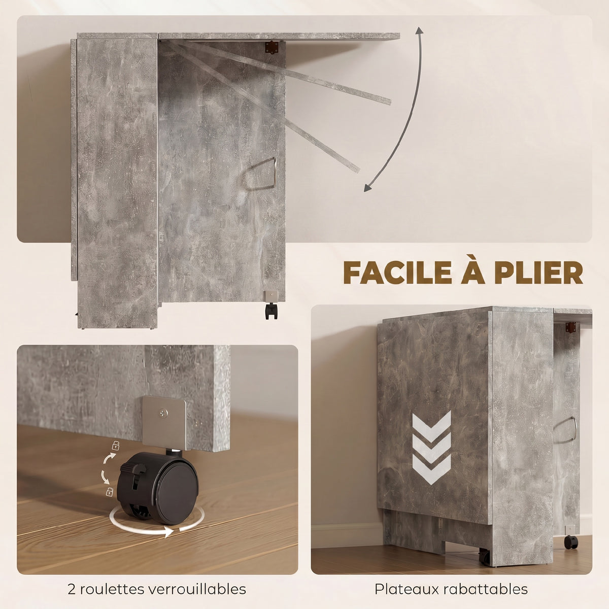 Table pliante de cuisine salle à manger amovible sur roulettes 75L x 140l x 74H cm 2 étagères intégrées en bois-5