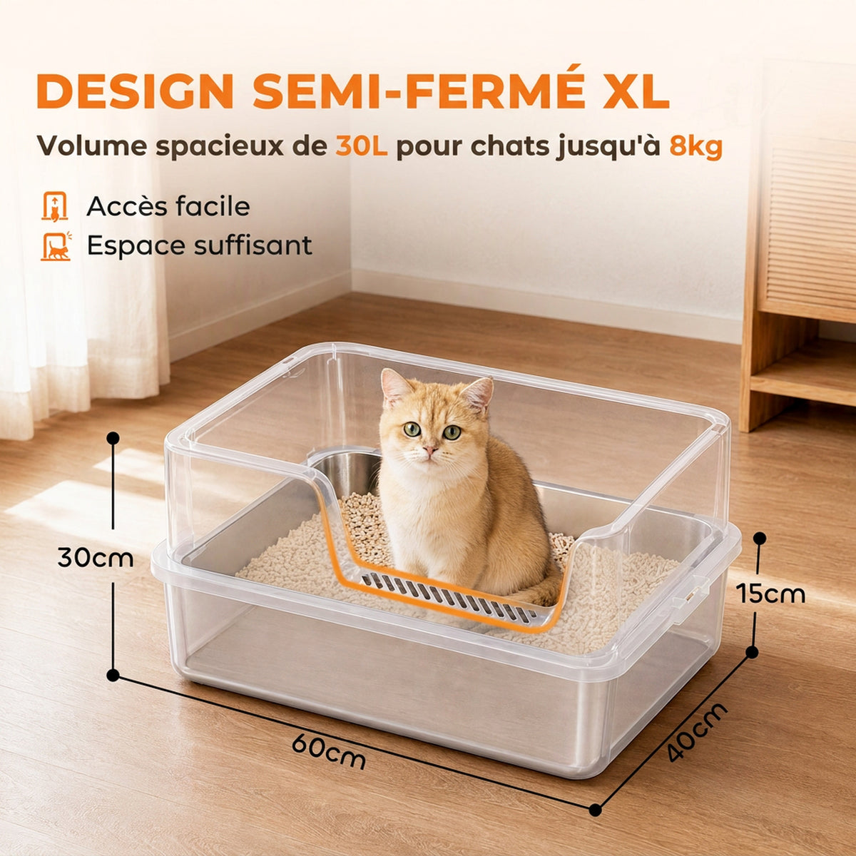 Bac Litière pour Chat en INOX Couvercle Bords Hauts Pelle et Tapis Anti-Adhérent Anti-Odeurs 60x40x30cm Gris Clair-4