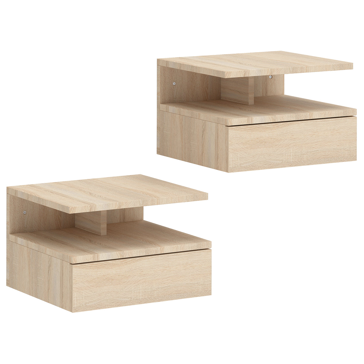 Lot de 2 tables de chevet murales, tables de nuit suspendues avec tiroir, étagère ouverte, 35x32x22,5cm, chêne-0