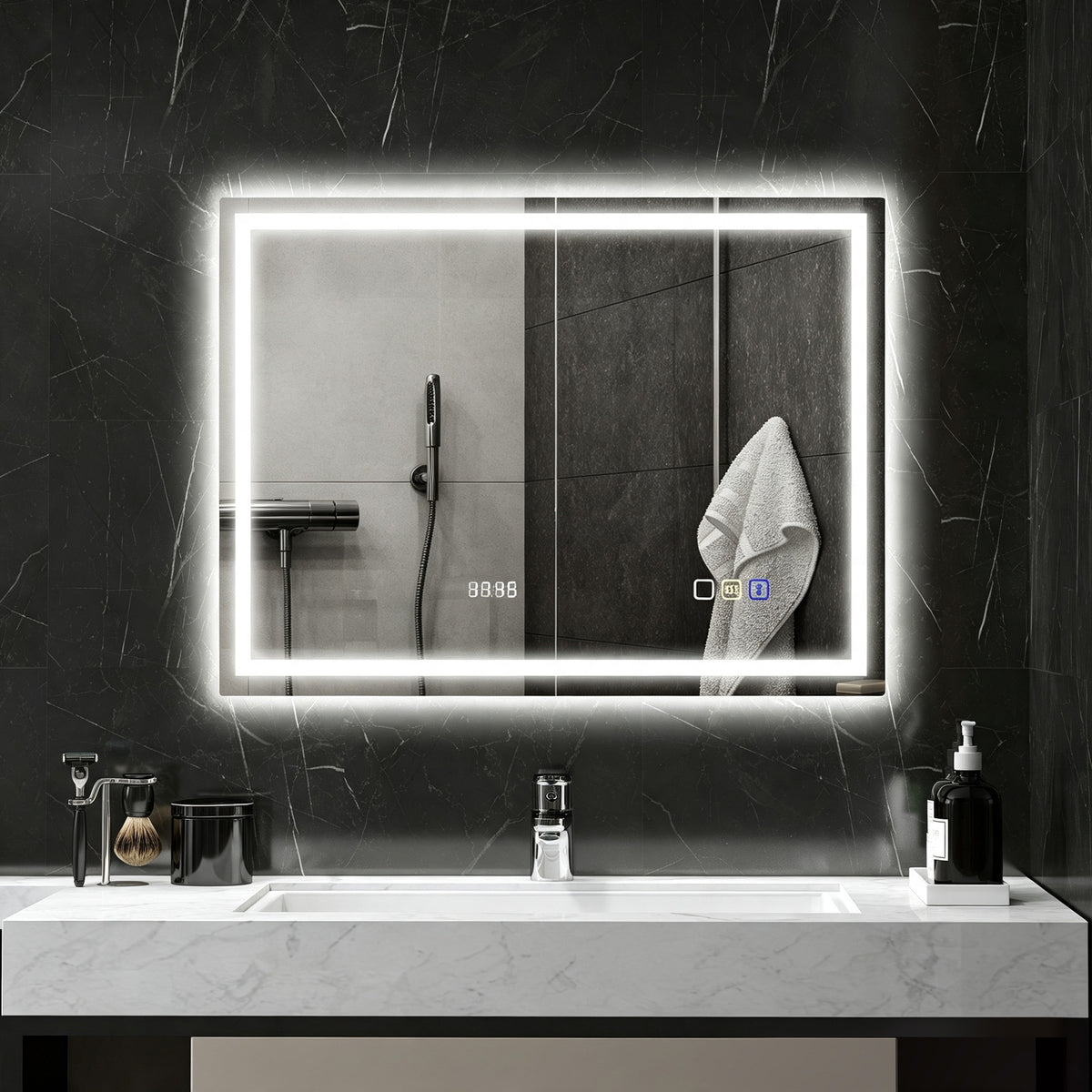 Miroir salle de bain LED bluetooth 60 x 80 cm interrupteur tactile lumière réglable 3 couleurs anti-buée mémoire argent-1