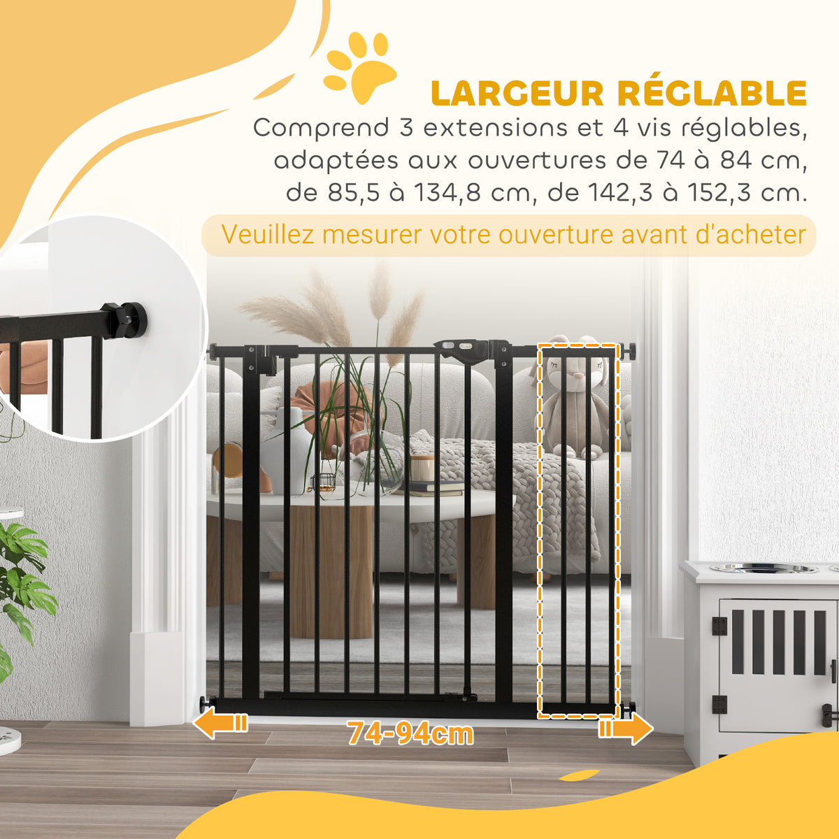 Barrière de sécurité animaux porte fermeture automatique système de double verrouillage sans perçage 1 extension noir-6