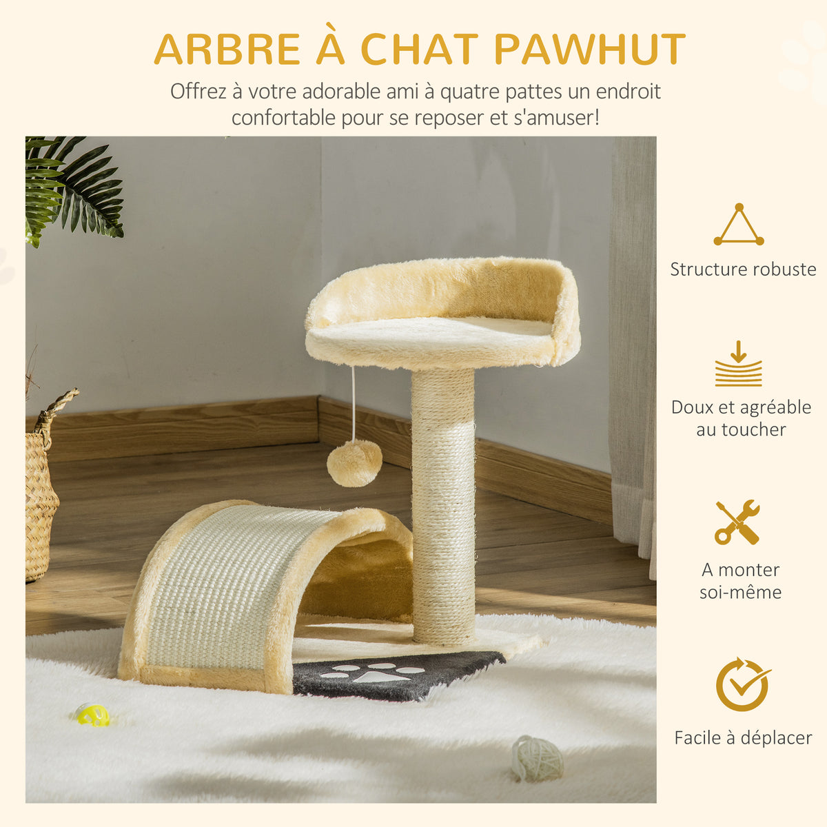 Arbre à chat griffoir grattoir design jeu boule suspendue + plateforme peluche sisal naturel beige-3