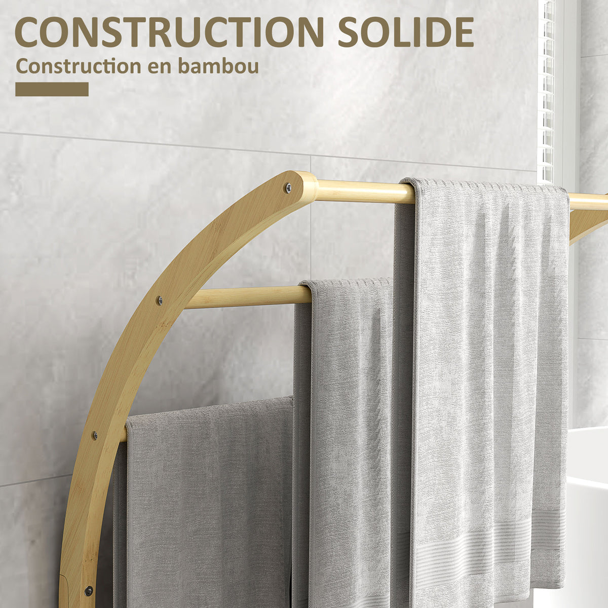 Porte-serviettes en bambou 3 barres avec étagère de rangement, pour la salle de bains et la buanderie, finition naturel-4