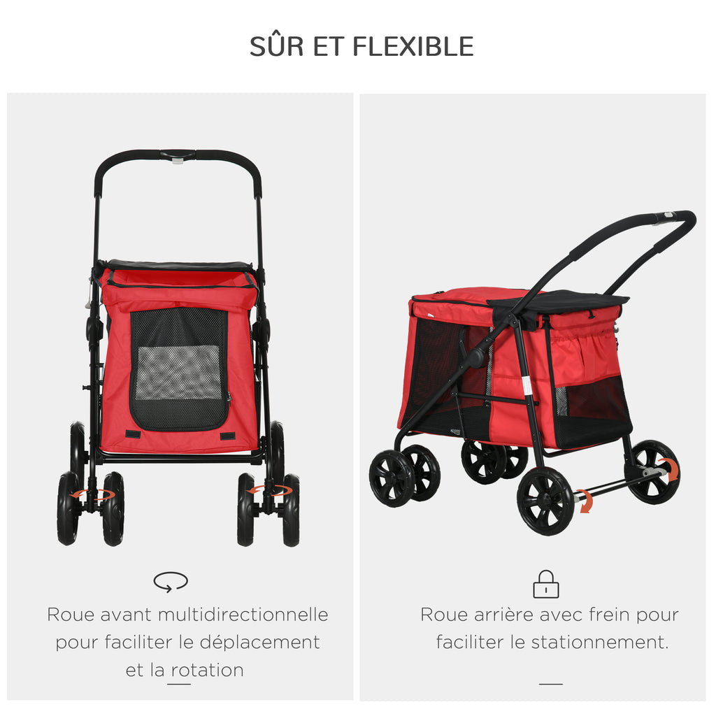 Poussette pliable animaux chien chat coussin inclus roues avec frein tissu 600D Oxford 102 x 62 x 105 cm rouge-4