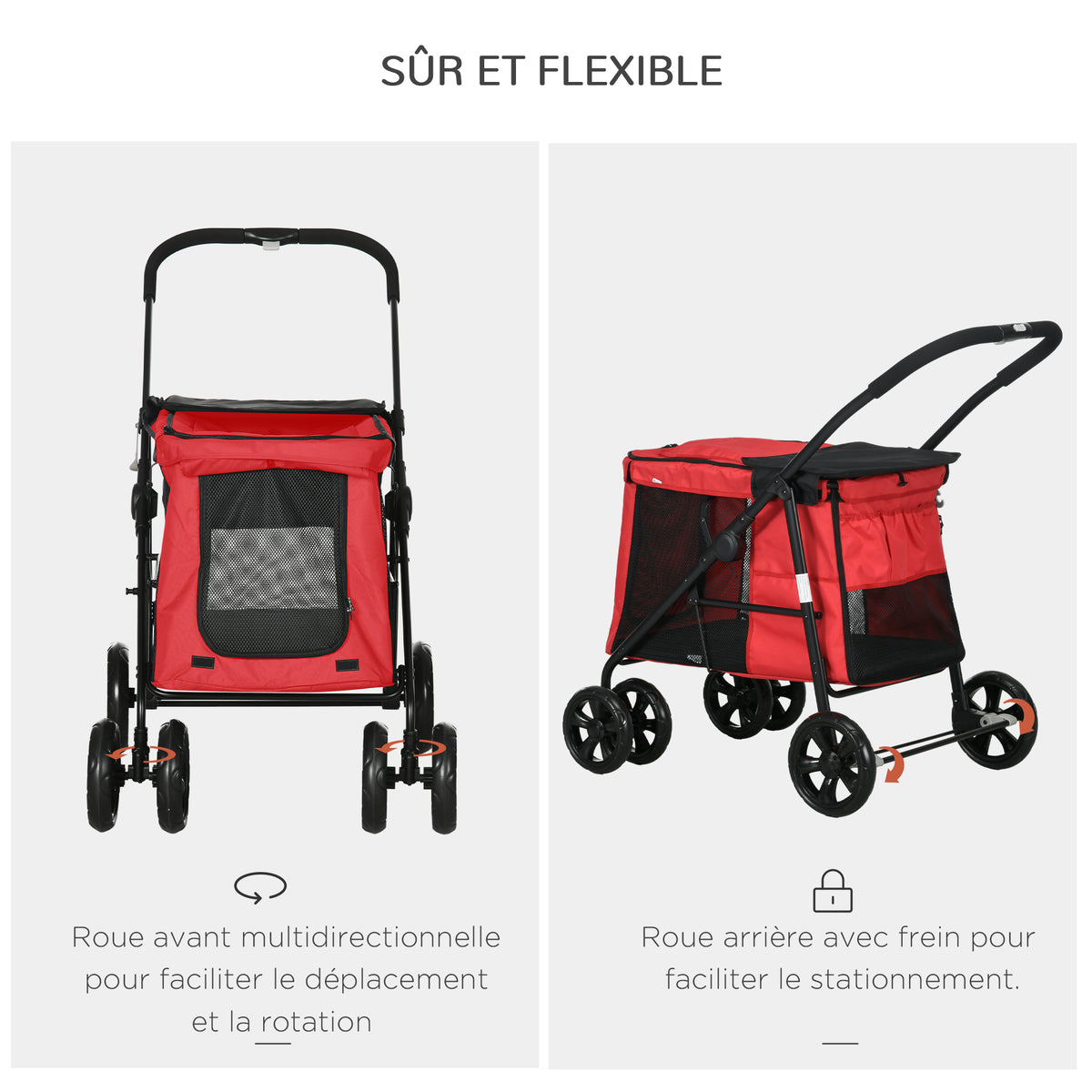 Poussette pliable animaux chien chat coussin inclus roues avec frein tissu 600D Oxford 102 x 62 x 105 cm rouge-4