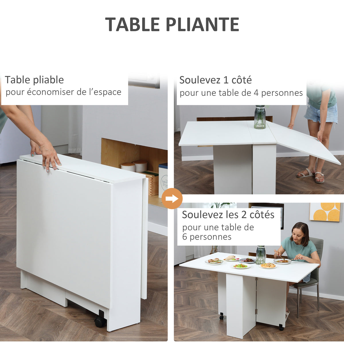 Table pliante de cuisine salle à manger amovible sur roulettes 75L x 140l x 74H cm blanc-3