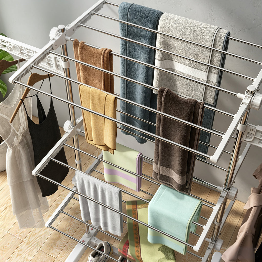 Étendoir à Linge 3 Niveaux, Sechoir a Linge avec 6 Roulettes, Pliable, Cadre en Acier Inoxydable et Ailes Latérales, pour Intérieur Extérieur, 142 x 55 x 152 cm, Blanc-7