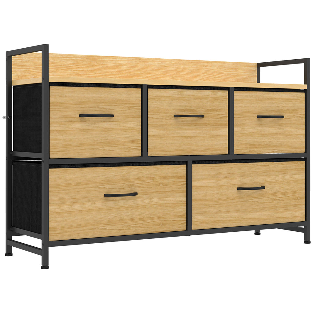 Commode, meuble de rangement avec 5 tiroirs en tissu pliables, plateau et cadre en acier, 98 x 29 x 63 cm, chêne-0